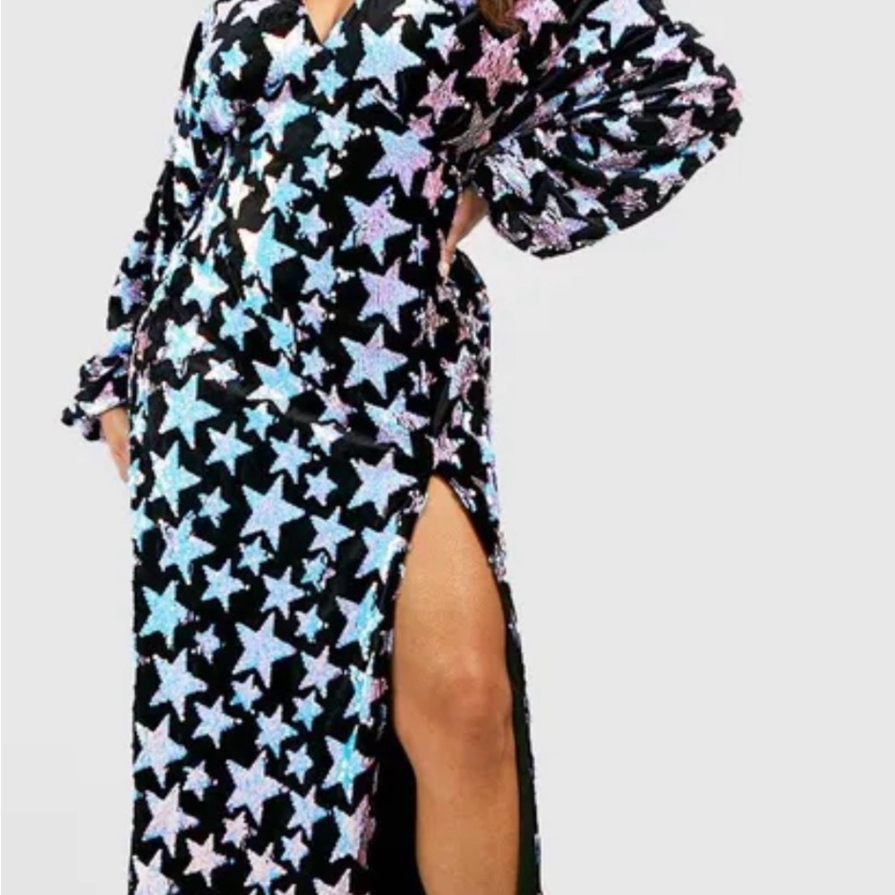 Boohoo Plus Black Sequin Star Maxi Dress with Iridescent Stars